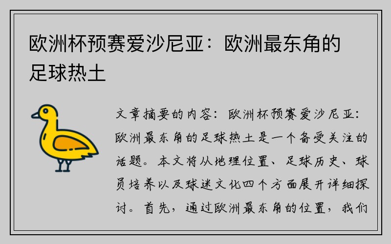 欧洲杯预赛爱沙尼亚：欧洲最东角的足球热土