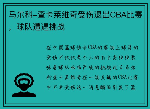 马尔科-查卡莱维奇受伤退出CBA比赛，球队遭遇挑战