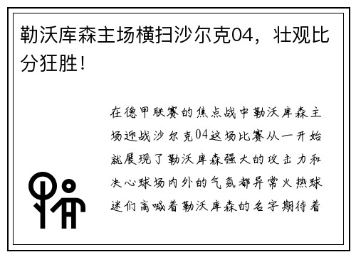 勒沃库森主场横扫沙尔克04，壮观比分狂胜！